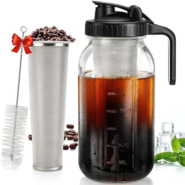 DWTS DANWEITESI Cold Brew Coffee Maker 64 oz,2-Quart Wide Mouth Cold Brew Maker with Stainless Steel Cold Brew Filter-Mason Jar Pitcher with Lid and Spout for Coffee,Iced Coffee Accessories(Black) - Product Image