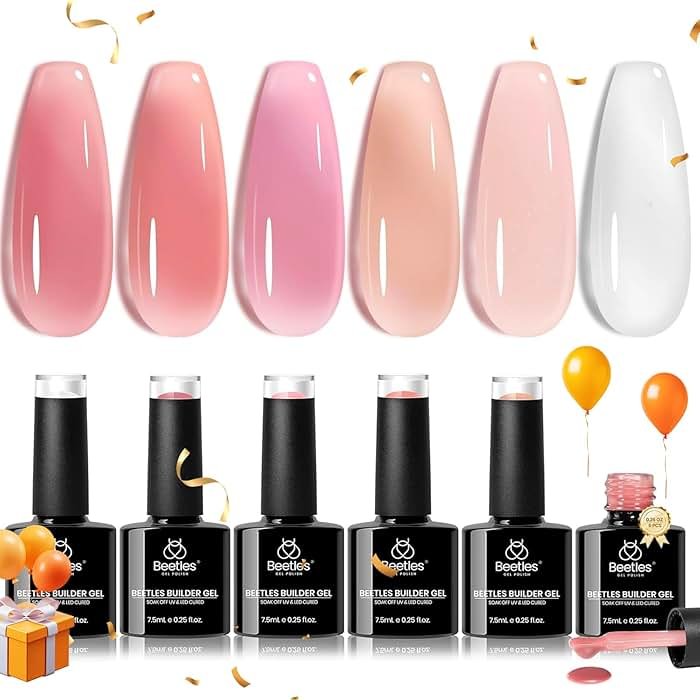 Beetles Builder Gel Set,6 Colors Jelly Clear Pink Nude Building Gel,8 in 1 for Instant Apex Thickening,Strengthening Weak Nails & Extension,Beginners DIY Salon at Home Gifts,UV & LED Lamp Needed - Product Image
