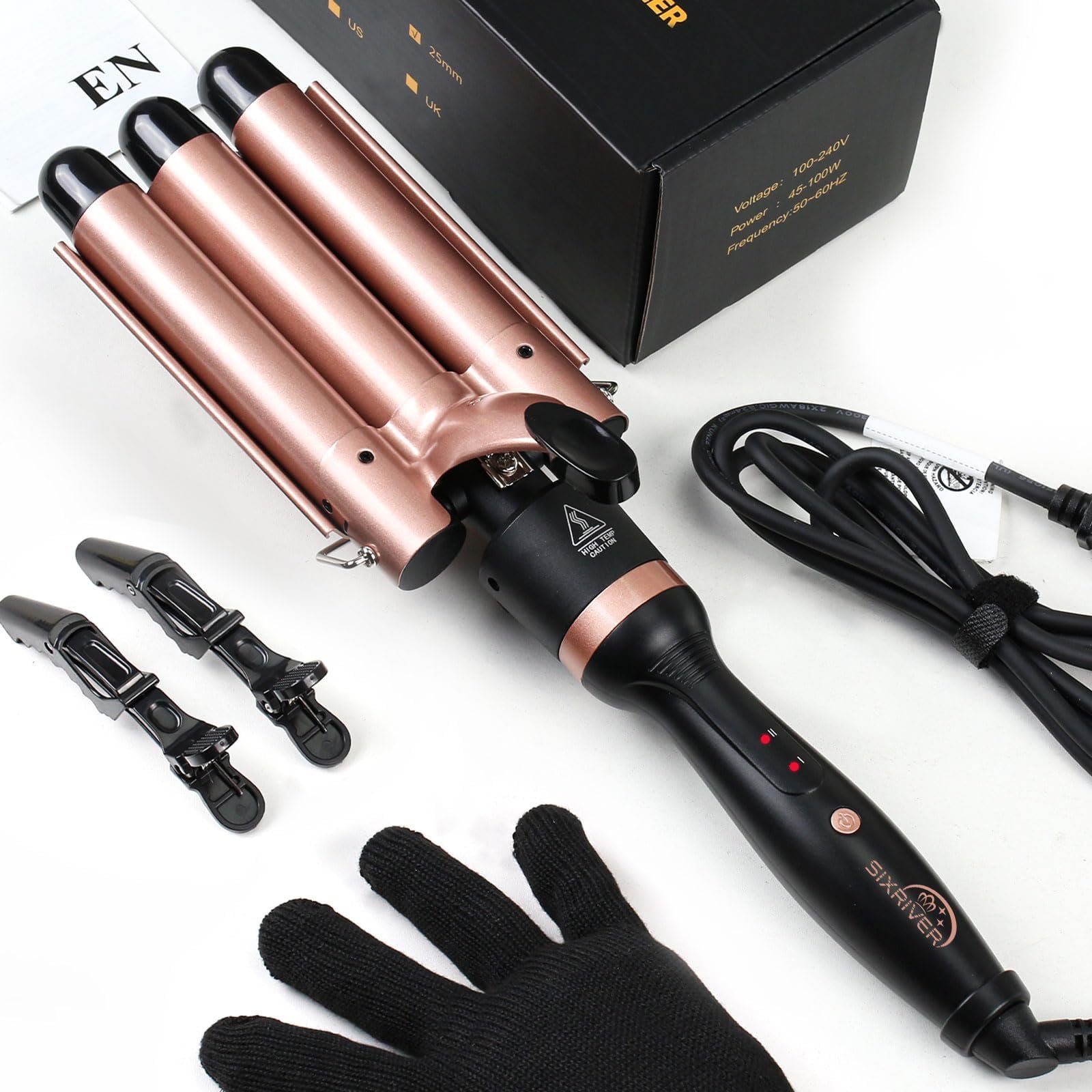 Sixriver Triple Barrel Curling Wand - Fast Heating, 2-LED Temp Control, Auto Shut-Off, Beachy Waves & Mermaid Crimper Style, Mother's Day Gift - Product Image