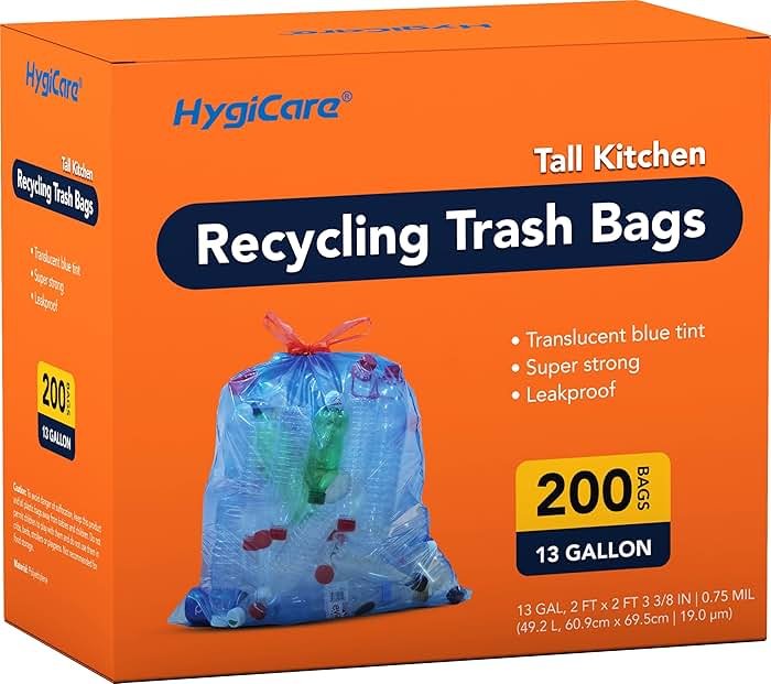 HygiCare 13 Gallon Recycling Trash Bags, Unscented 200 Count Drawstring Tall Kitchen Garbage Bags, Pre-Separated, Ultra Strong, Leakproof, Sturdy, Translucent Blue - Product Image