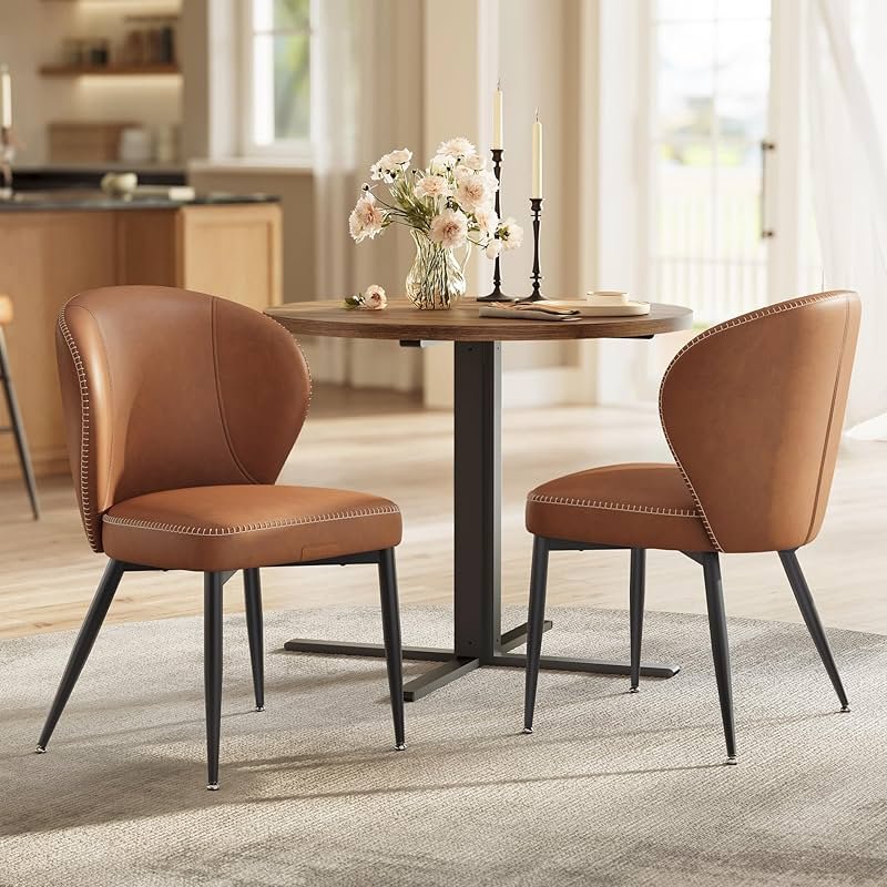 VASAGLE EKHO Collection - Dining Chairs Set of 2, Upholstered Kitchen Chairs, Comfortable Seat, Synthetic Leather with Stitching, Mid-Century Modern, Easy Assembly, Living Room Lounge, Caramel Brown - Product Image