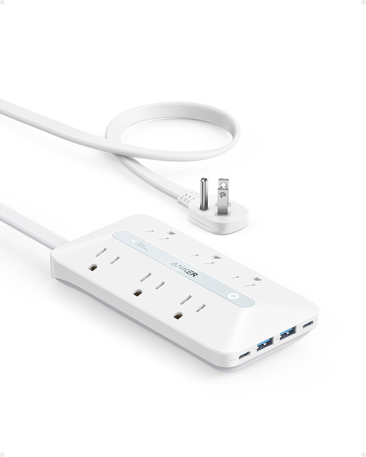 Anker Power Strip with 300J Surge Protector, Flat Plug Extension Cord with Multiple Outlets, 6 AC, 2 USB A & 2 USB C Ports for 20W, 5ft Outlet Extender, Dorm Room Essentials, Home Office - Product Image