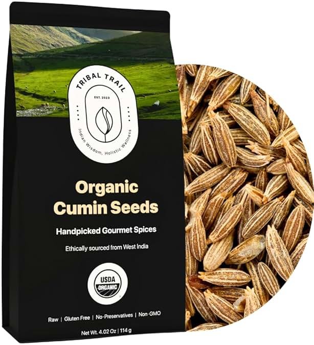 Tribal Trail Cumin Seeds Organic | 4.02 oz | USDA Organic & Non-GMO | Recyclable Kraft Bags | Best for Cooking, Seasoning & Spice Blends | Ethically Sourced Spices from India - Product Image