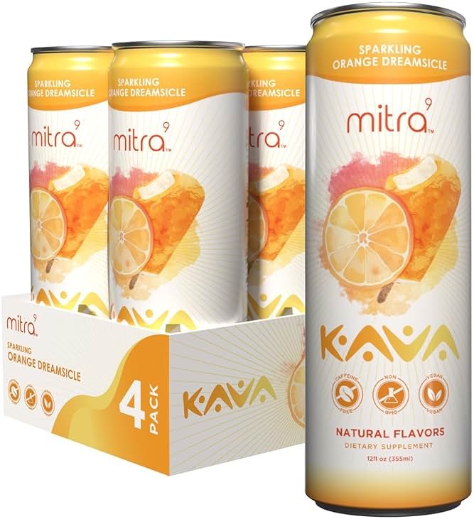 Mitra9 | Orange Dreamsicle Kava Seltzer - Sparkling Relaxation Drink | 4-Pack | Non-Alcoholic Alcohol Alternative | 500mg Kava Root Extract | Low Calorie, Plant Based Stress Relief | 12 fl oz Cans - Product Image