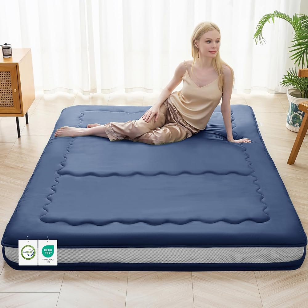 Auemtyn Japanese Floor Mattress, 4" Japanese Futon Mattress, Foldable & Portable Shiki Futon (shikibuton), Roll Up Thicken Sleeping Tatami Mat Sleeping Pad for Camping (Navy Blue, 54 x 80) - Product Image