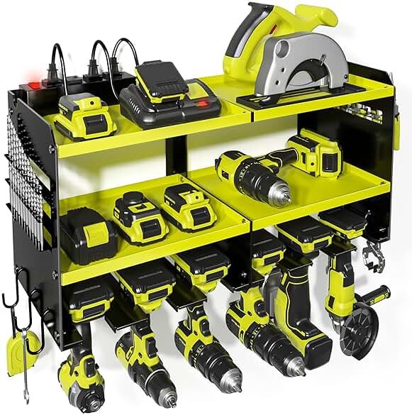 Spampur Power Tool Organizer, 15 Min Quick Assembly & Max 420lb Load by Heavy Duty Metal, 6 Slots for Cordless Drill with 4 Outlet Power Strip in Garage/Workshop/Suitable for Thanksgiving/Christmas - Product Image
