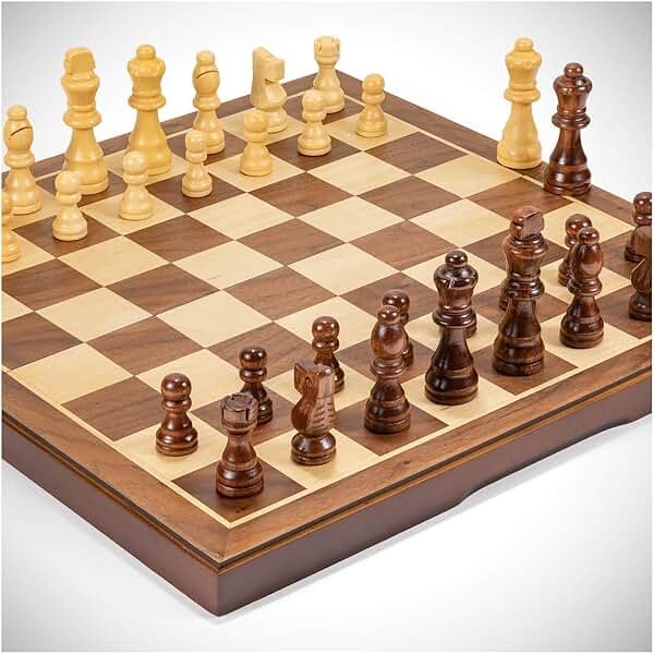 Chess Set Board Games for Adults: Handmade Walnut Wooden 15" 2 Extra Queens Folding Portable Travel Chess Game, Gift idea, Pieces Storage Slots,Instructions - Product Image