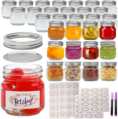 Flrolove Mason Jars 8 oz 30 Pack, Jelly Jars with Lids, Half Pint Canning Jars with Silver Lids, for Pickles, Jelly, Jam, Honey & Spice Storage, Includes 60 Labels & 2 Pens - Product Image