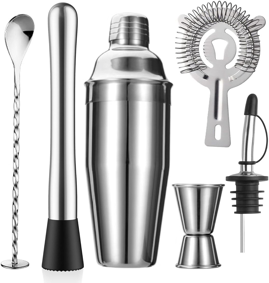 ZPUFAW 6-Piece Cocktail Shaker Set 24oz Shaker Strainer Muddler Jigger Mixing Spoon Pour Spout Bartender Kit Stainless Steel Bar Set Housewarming Gift - Product Image