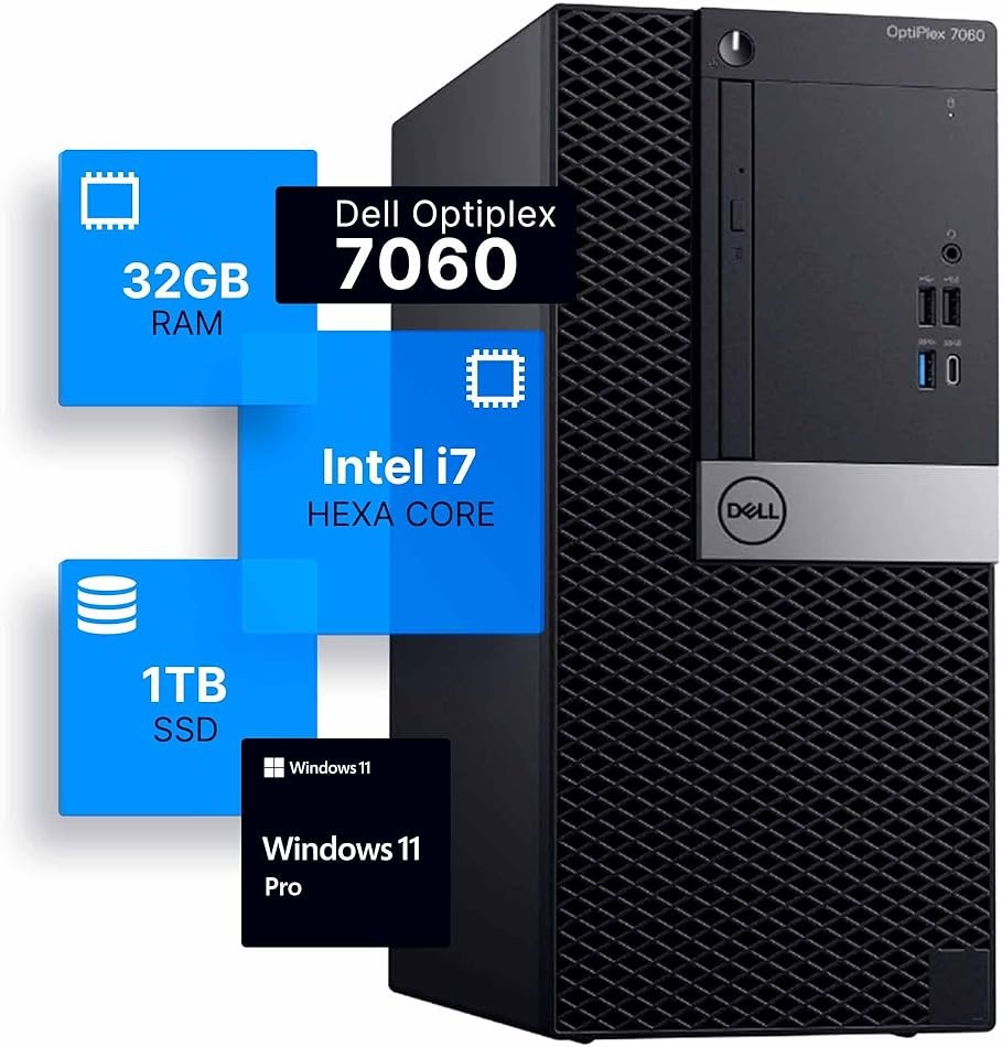 Dell Optiplex 7060 Tower Desktop Computer | Intel i7-8700 (3.4) | 32GB DDR4 RAM | 1TB SSD Solid State | Windows 11 Professional | Home or Office PC (Renewed) - Product Image