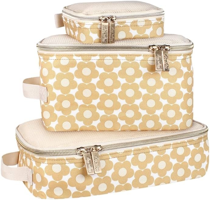 Itzy Ritzy Packing Cubes for Travel – Set of 3 Packing Cubes or Travel Organizers – Each Cube Features a Mesh Top, Double Zippers and a Fabric Handle (Milk & Honey) - Product Image