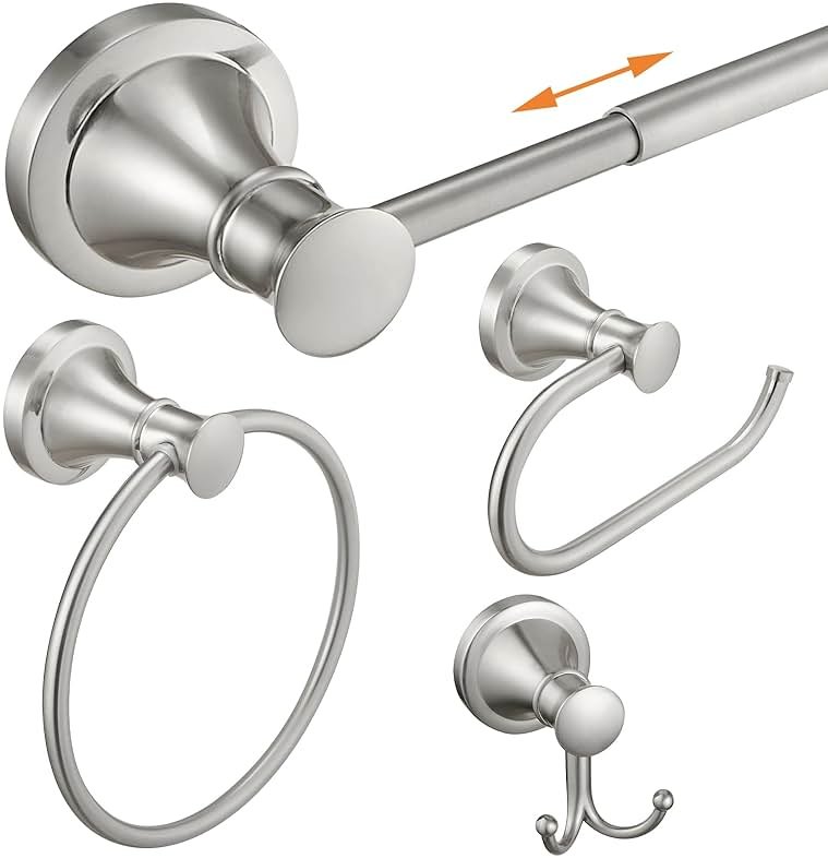 Hoimpro Brushed Nickel 4-Piece Bathroom Bath Set, Wall Mount Bathroom Hardware Fixture (Adjustable Towel Bar Rack, Towel Ring Holder, Paper Towel Holder, Double Towel Hook), Bathroom Accessories - Product Image