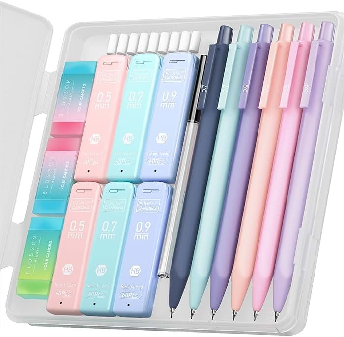 Four Candies Cute Mechanical Pencil Set, 6PCS Pastel Mechanical Pencils 0.5 mm & 0.7mm & 0.9mm with 360PCS Leads, 3PCS Erasers and 9PCS Eraser Refills, Aesthetic Pencils for Girls Writing, Art Drawing - Product Image