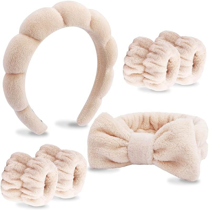 VELSCRUN 6 Pack Spa Headband, Makeup Headband, Face Wash Headbands, Skincare Headbands, Brown Sponge Hair Band Bow Tie Spa Head Band for Washing Face Wristband Set Hair Accessories for Women - Product Image
