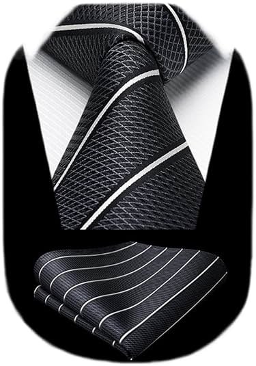 HISDERN Mens Striped Ties Classic Silk Woven Tie and Pocket Square Set Formal Business Necktie Handkerchief for Wedding - Product Image