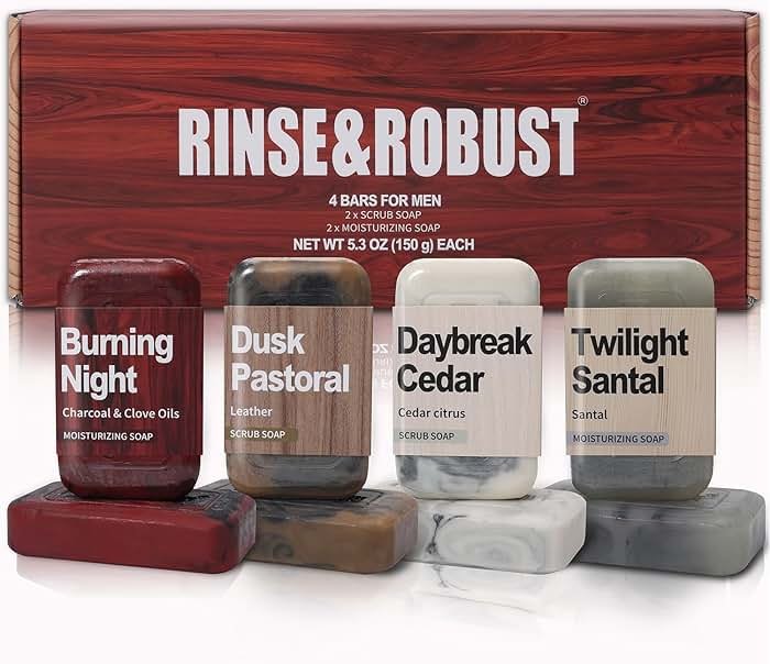 Rinse & Robust Bar Soap for Men - 4Pcs Exfoliating & Moisturizing 4-in-1 Cleansing Bar Set for Face, Body, Hands & Shave | All Skin Types | Luxury Fathers Day Gift Set(4 x 5.3 oz) - Product Image