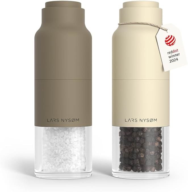 LARS NYSØM Salt and Pepper Grinder Set, Stainless Steel Manual Salt and Pepper Mills, Adjustable Ceramic Grinder, Design Spice Shakers (Brown/Beige) - Product Image