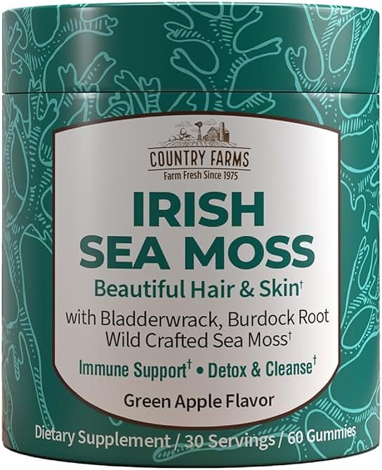 COUNTRY FARMS Irish Sea Moss Gummies, 2000mg Irish Moss, Burdock Root, Bladderwrack for Immune Support, Promotes Digestive Health, Skin and Hair Support, Pectin Based, Vegan, Gluten Free, Green Apple - Product Image