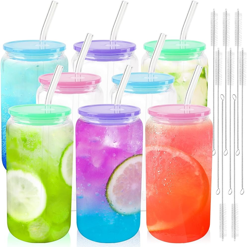 Joyclub 8pcs 16 oz Glass Cups with Acrylic Lids and Straws Can Shaped Iced Coffee Glasses Cute Tumbler Set Drinking Jars for Smoothie Soda Boba Beer Party Housewarming Gifts - Product Image