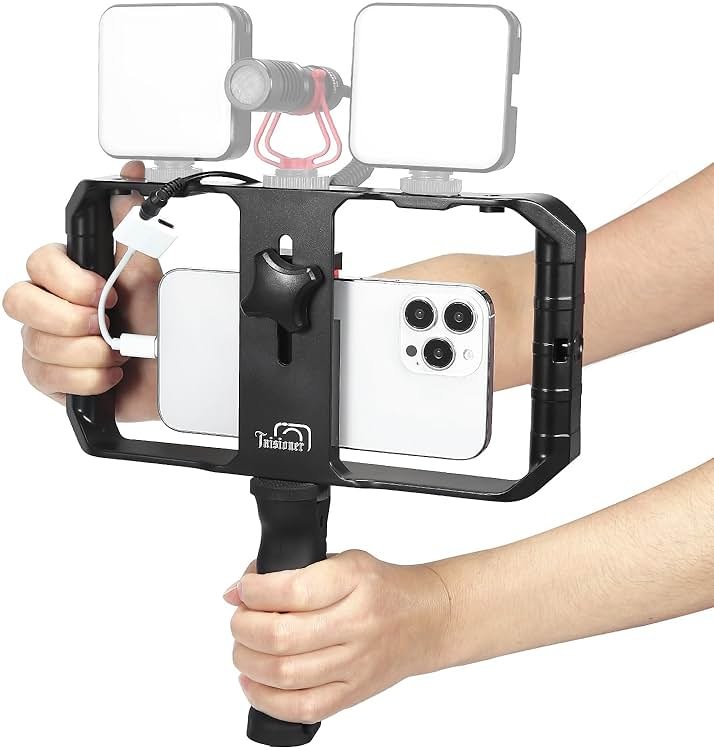 Taisioner Smartphone Video Rig Hand Girp Stabilizer Filmmaking Vlogging Case Phone Video Stabilizer with Cold Shoe for Film Maker Video Grapher Compatible with iPhone 15/14/13/12/ Pro Max and Android - Product Image