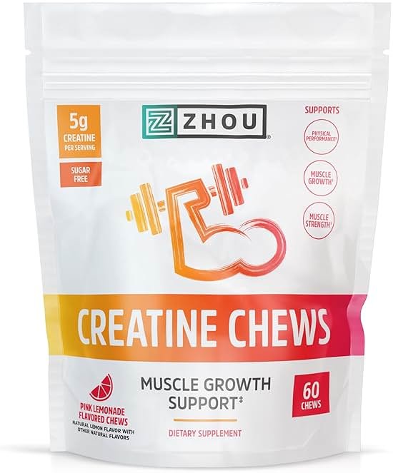 ZHOU Nutrition Creatine Monohydrate Chewables 5g for Men & Women, Sugar Free, Organic, Non GMO, Pink Lemonade, 60 Creatine Gummies - Product Image