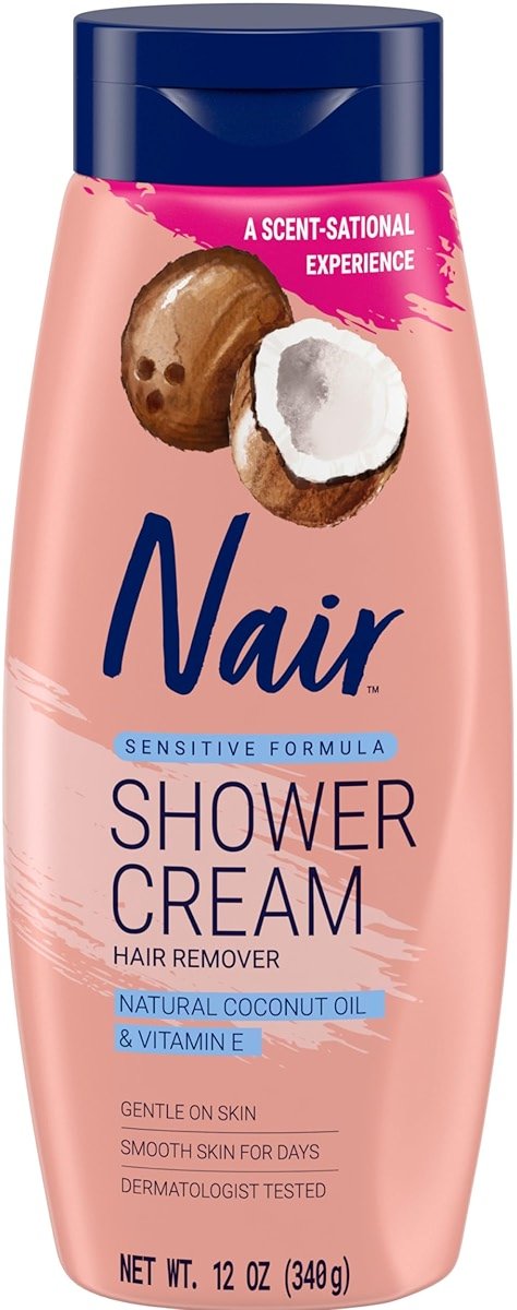 Nair Sensitive Formula Shower Cream, Quick and Easy Hair Removal Cream with Coconut Oil and Vitamin E for Body, 12 oz   - Product Image