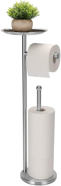 Kalitro Toilet Paper Holder Freestanding with Big Shelf, 4 Rolls Reserve Paper Holder Stand, Modern Paper Roll Holder with Storage Space for Phones (Brushed Nickel) - Product Image