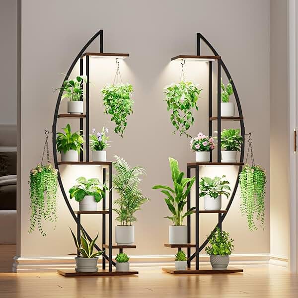 BACEKOLL Plant Stand Indoor with Grow Lights, 6 Tiered Tall Plant Shelf, 63" Metal Plant Stand for Indoor Plants Multiple, Half-Moon Plant Rack Display Shelf, 2 Pcs Plant Holder for Living Room, Patio - Product Image