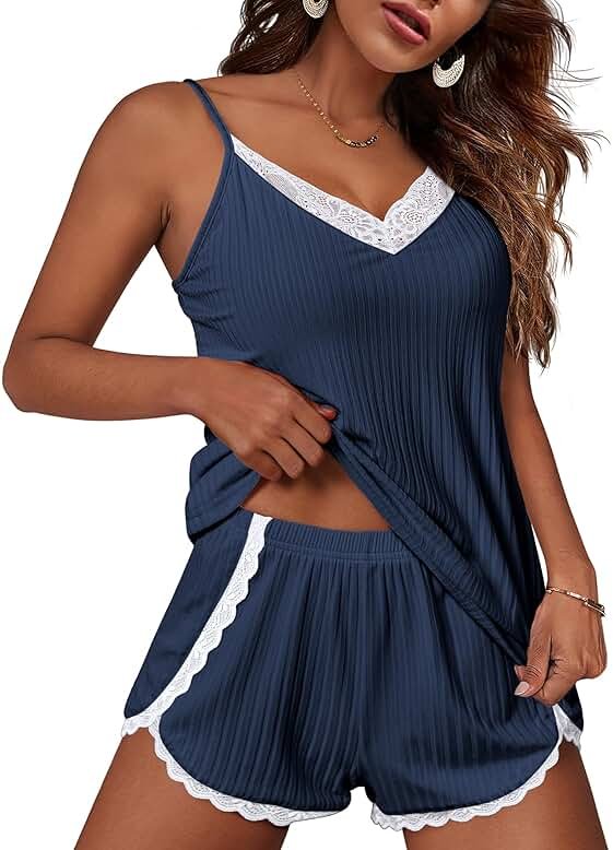 Ekouaer Womens Pajama Sets Soft Lingerie Sleepwear 2 Piece Cami Shorts Set V Neck Pj Lace Nightwear - Product Image