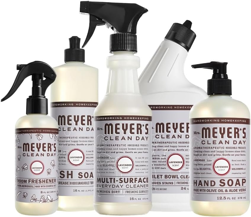Mrs. MEYER'S CLEAN DAY Variety, 1 Room Freshener, 8 OZ, 1 Liquid Hand Soap, 12.5 OZ, 1 Liquid Dish Soap, 16 FL OZ, 1 Multi-Surface Cleaner, 16 OZ, 1 Toilet Bowl Cleaner, 24 OZ, 1 CT (Lavender) - Product Image