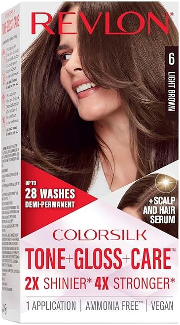 Revlon ColorSilk Tone + Gloss + Care Demi Permanent Hair Color, Dye Kit with Leave-In Scalp and Haircare Serum, 2x Shinier, 4x Stronger, 6 Light Brown, 4.5 fl oz - Product Image