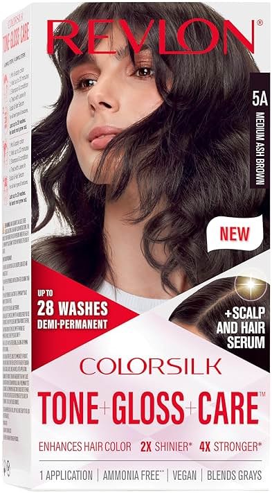 Revlon ColorSilk Tone + Gloss + Care Demi Permanent Hair Color, Dye Kit with Leave-In Scalp and Haircare Serum, 2x Shinier, 4x Stronger, 5A Medium Ash Brown, 4.5 fl oz - Product Image