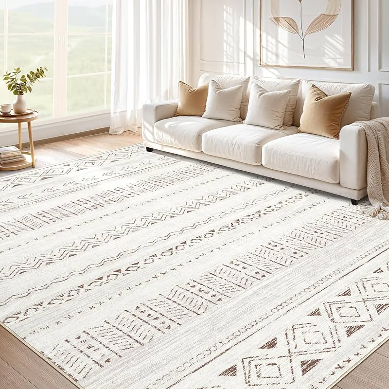 cotiled 5x7 Area Rugs Living Room Rug: Washable Boho Rugs with Non Slip Backing Large Soft Indoor Stain Resistant Carpet for Bedroom Farmhouse Dining Room Lightweight Home Decor L Brown/Cream - Product Image