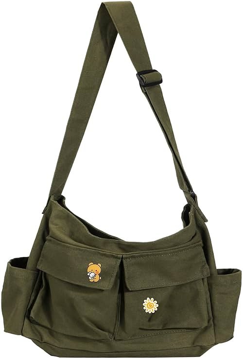 Vintage Canvas Crossbody Messenger Bag with Multiple Pockets and Hook-and-loop Closure, Ideal for School - Product Image