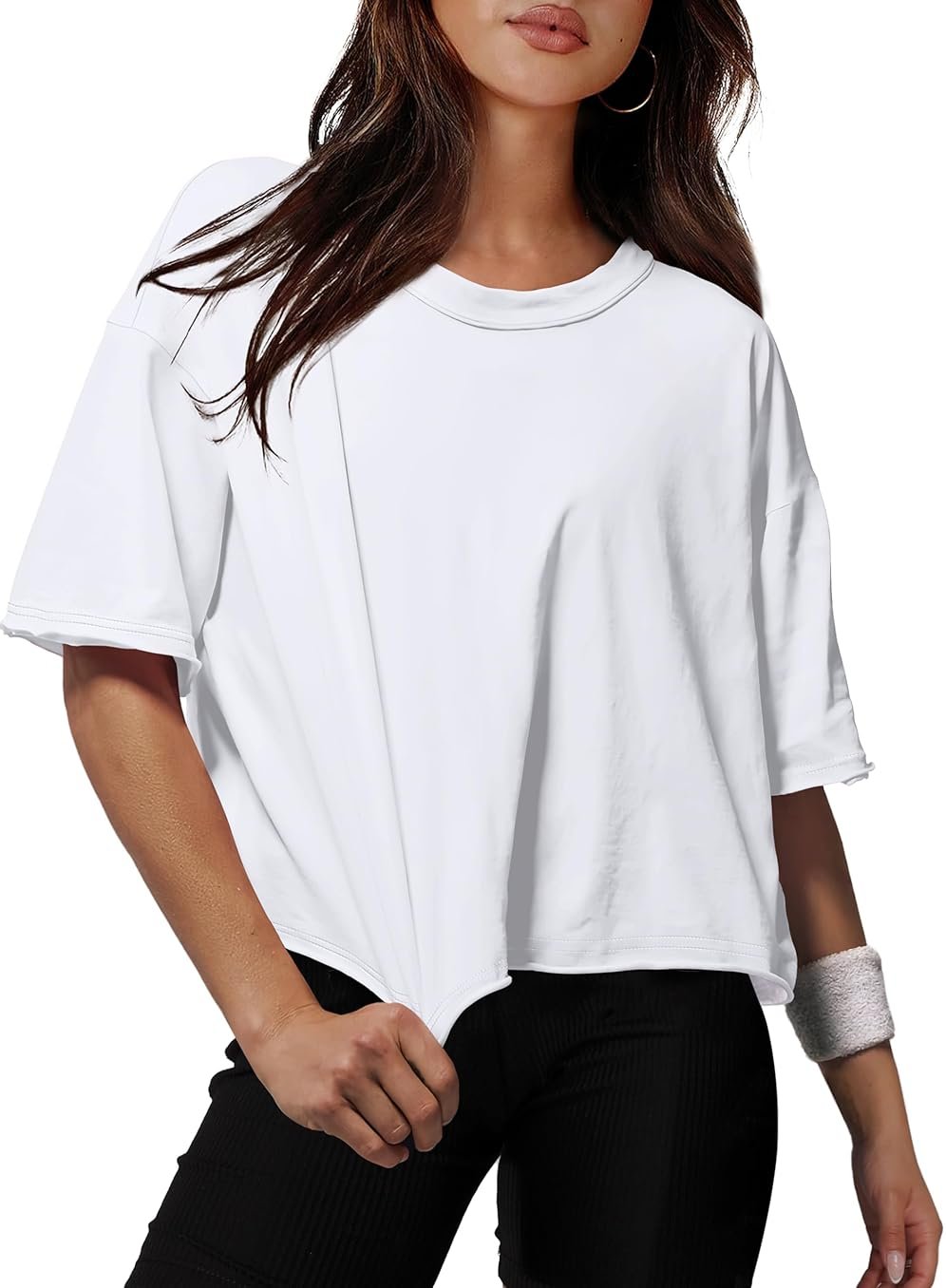 XIEERDUO Cotton Tshirts for Women Drop Shoulder Round Neck Oversized Crop Tops Workout Tops Tees - Product Image