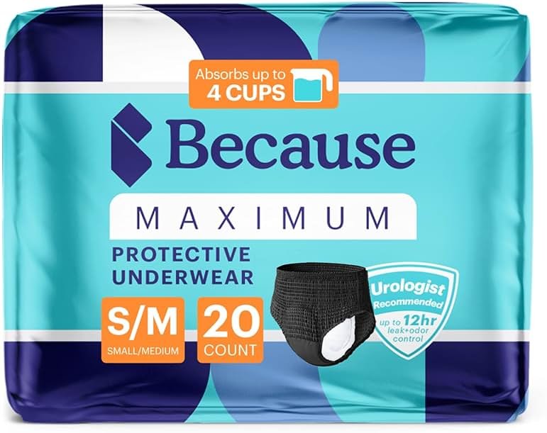 Because Premium Maximum Absorbency Adult Incontinence and Postpartum Bladder Leak Underwear for Women, Heavy Absorbency, Disposable, Black, Small/Medium, 20 Count - Product Image