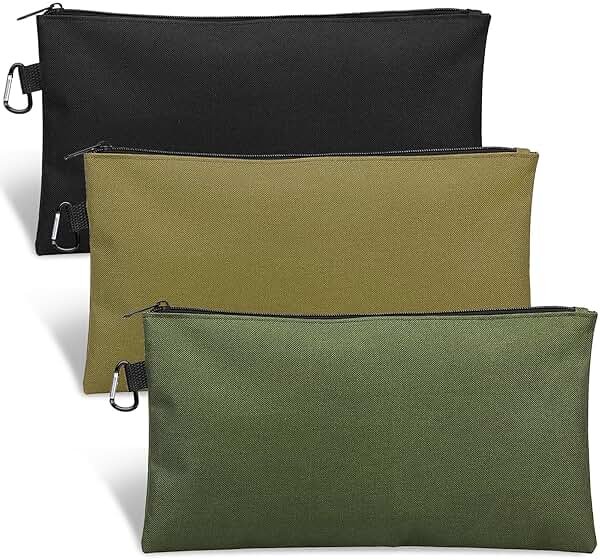 3 Pack Tool Bag Zipper Pouch, Premium Tool Pouch, Utility Multipurpose Storage Organizer Tool Pouches with Carabiner Metal Zipper for Tools, Stationary, Pencil Pouch (3 Pack, Tan, Navy Green, Black) - Product Image