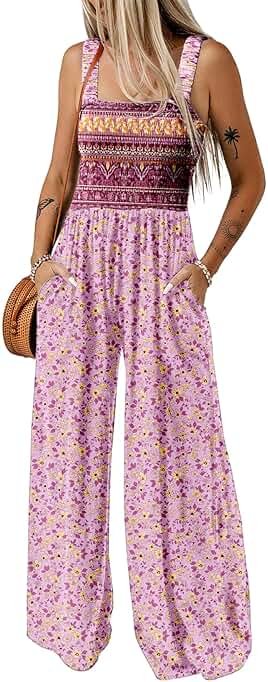 Dokotoo Women's Casual Loose Overalls Jumpsuits One Piece Sleeveless Printed Wide Leg Long Pant Rompers With Pockets - Product Image