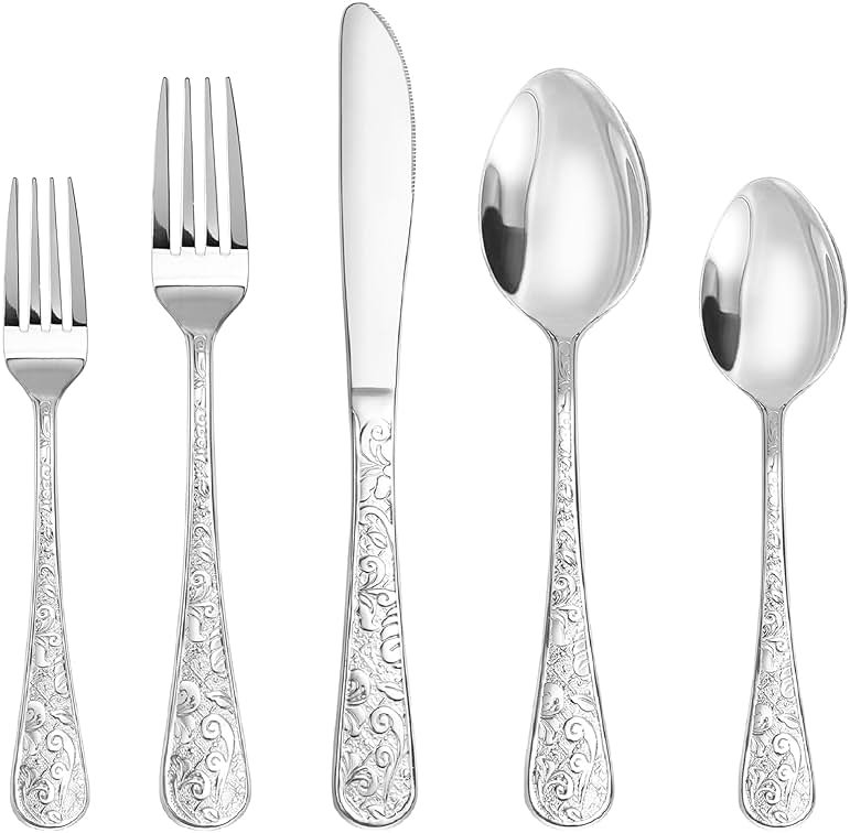 Runfly Vintage Carved Stainless Steel 20 Pieces Flatware Set, Silverware Set, Modern Embossed Cutlery Set Utensils Including Fork Spoon and Knife - Product Image