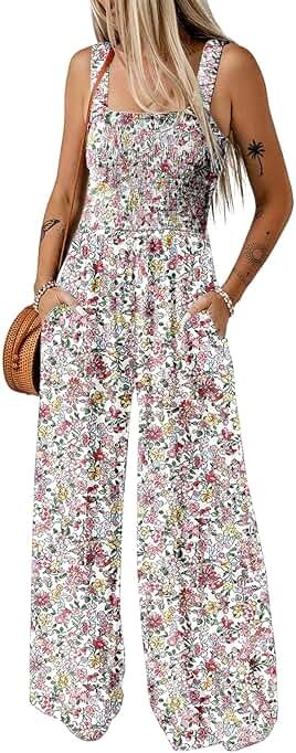 Dokotoo Women's Casual Loose Overalls Jumpsuits One Piece Sleeveless Printed Wide Leg Long Pant Rompers With Pockets - Product Image