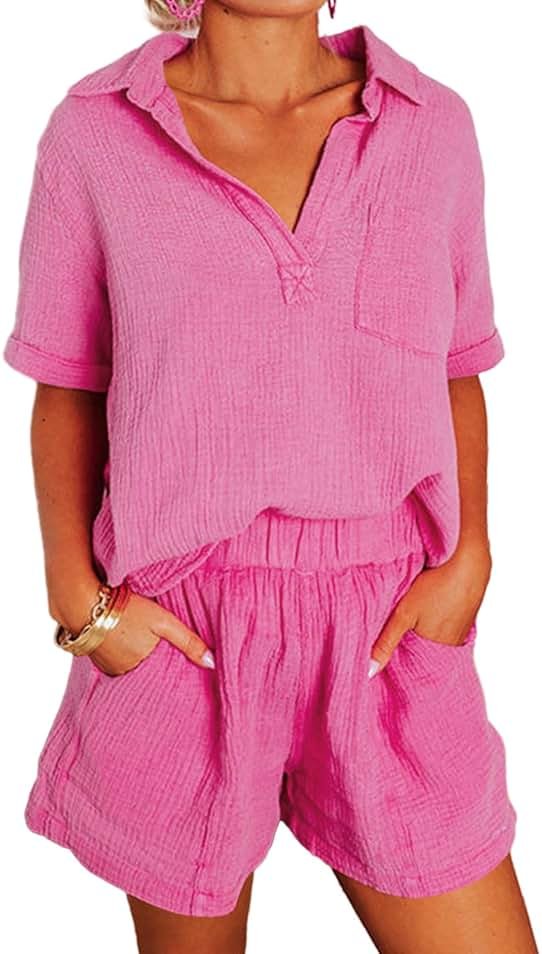 Dokotoo Women's Two Piece Outfits V Neck Short Sleeve Shirts and High Waist Shorts Lounge Sets - Product Image