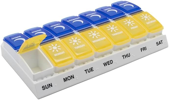 EZY DOSE Weekly (7-Day) AM/PM Pill Organizer, Daily Vitamin Container and Medicine Box, Large Pop-Out Compartments, Designed for Travel, 2 Times a Day, Blue and Yellow Lids - Product Image