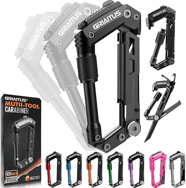 Carabiner Multitool 8-in-1 EDC Carabiners Pocket Knife, Serrated Knife, Rope Cutter, Screwdriver, Can Bottle Opener, Ruler, Survival Gear for Camping Climbing Hiking, Gifts for Men (Black) - Product Image