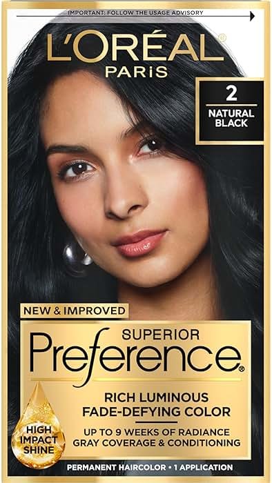 L'Oreal Paris Superior Preference Luminous Fade-Defying Permanent Hair Color, Hair Dye For Up to 9 Weeks of Radiance, Natural Black 2, 1 Hair Dye Kit - Product Image