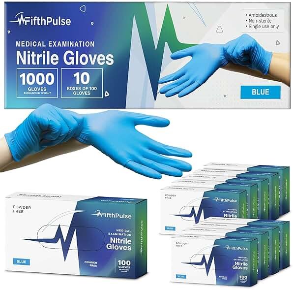 FifthPulse Blue Nitrile Exam Gloves Large 1000 Count - Medical Grade, 3 Mil, Food Safe, Latex and Powder Free Disposable Gloves for Cleaning, Cooking and Medical Use - Case of 10 Boxes of 100 - Product Image