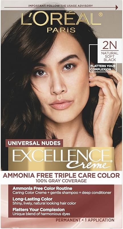 L’Oreal Paris Excellence Universal Nudes Permanent Hair Color, Ammonia Free Hair Dye for Gray Hair Coverage, 2N Natural Soft Black, 1 Hair Dye Kit - Product Image