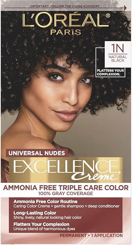 L’Oreal Paris Excellence Universal Nudes Permanent Hair Color, Ammonia Free Hair Dye for Gray Hair Coverage, 1N Natural Black, 1 Hair Dye Kit - Product Image