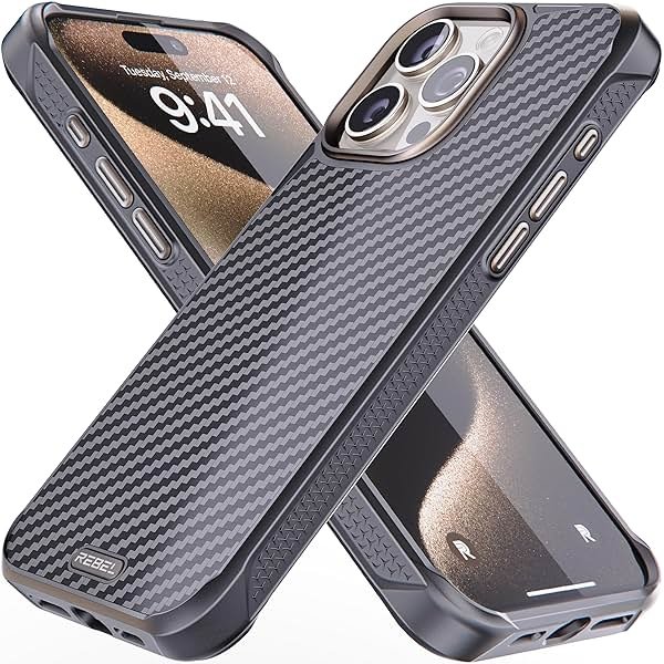 REBEL Case for iPhone 15 Pro Max [Gen-5 Aramid Fiber] Strong MagSafe Compatible, Grippy Sides, Shockproof Corners, Metal Lens + Buttons, Upgraded Protective Design, 6.7 Inch Phone 2023 (Black) - Product Image