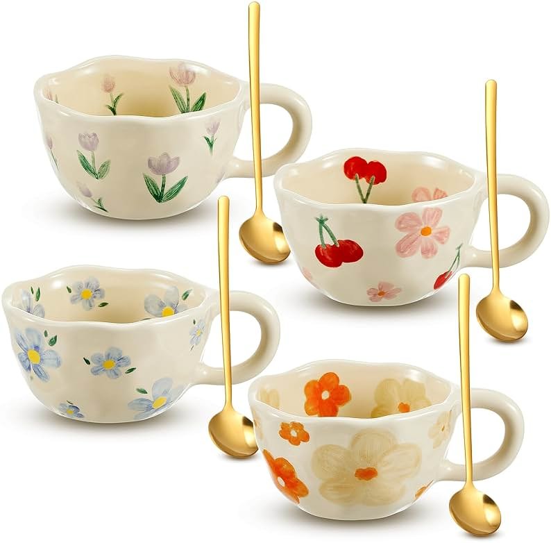 Vesici 4 Pack Ceramic Flower Coffee Mug with Spoon 8.5 oz, Cute Aesthetic Tea Cups with Handle for Tea, Milk, Latte Mugs for Coffee Bar Women Birthday Housewarming Gifts, Dishwasher Microwave Safe - Product Image