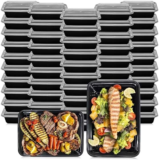 Klex 38 Oz, 50 Sets Meal Prep Containers with Airtight Lids, BPA Free, Reusable Plastic Food Container, 38 oz, Rectangular, Black/Clear, 50 Sets - Product Image